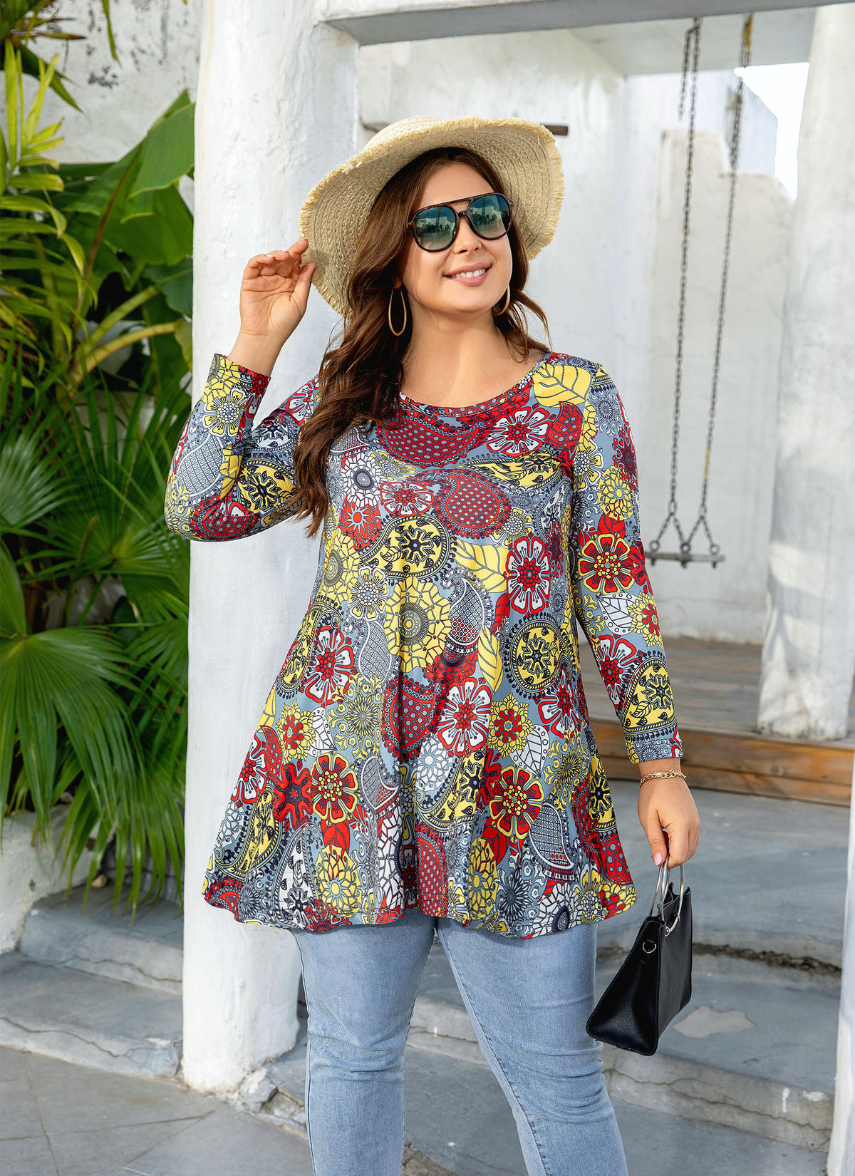 Women's Plus Size Floral Tunic Top | 3/4 Sleeve Swing Blouse, Flowy Fit, Wear with Leggings – S to 5XL