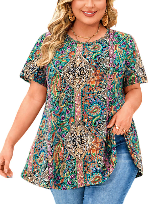 Women's Plus Size Multi-Color Boho Floral Tunic Top – Short Sleeve Swing Blouse