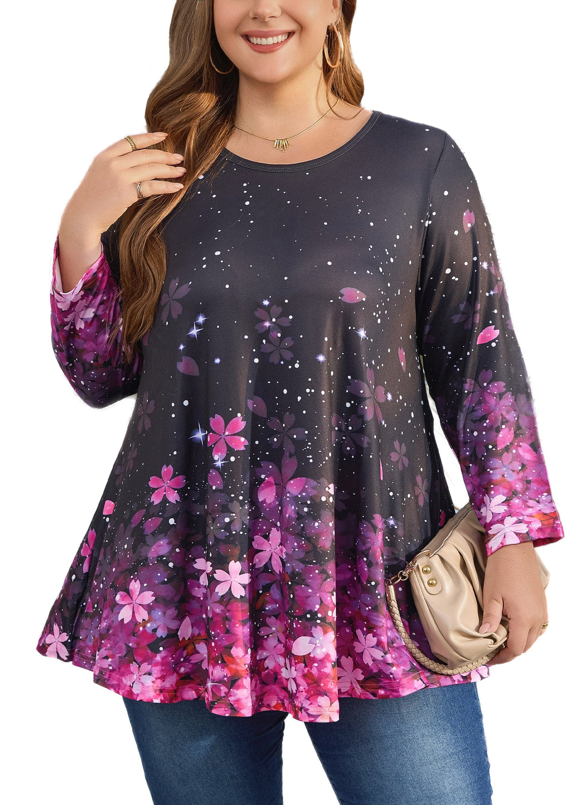 Women's Plus Size Pink Floral Tunic Top – 3/4 Sleeve Swing Flare Blouse
