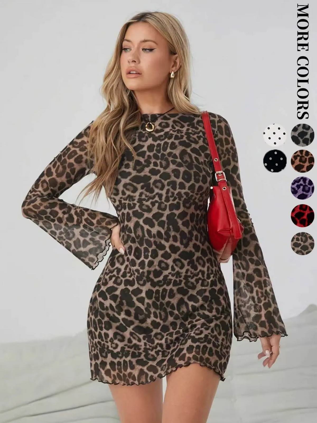 Leopard Print Bodycon Dress – Long Sleeve, Ruffle Hem, Mesh Detail