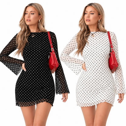 Leopard Print Bodycon Dress – Long Sleeve, Ruffle Hem, Mesh Detail