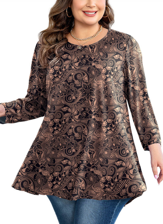 Women's Plus Size Brown Paisley Print Tunic Top – 3/4 Sleeve Boho Swing Flare Blouse