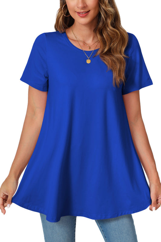 Royal Blue Short Sleeve Swing Tunic Top – Women's Plus Size Crew Neck Flowy Blouse to Wear with Leggings (S–7XL)