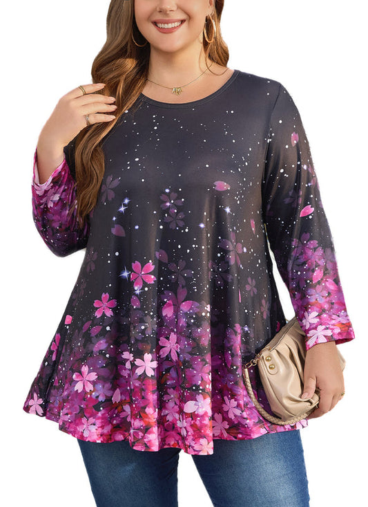 Women's Plus Size Pink Floral Tunic Top – 3/4 Sleeve Swing Flare Blouse