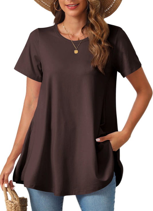 Dark Brown Short Sleeve Swing Tunic Top – Women's Plus Size Crew Neck Flowy Blouse to Wear with Leggings (S–7XL)