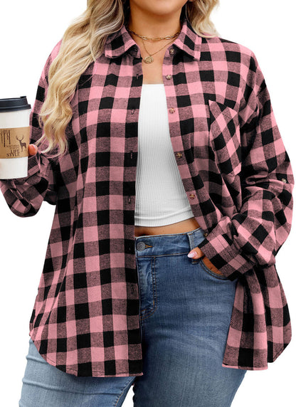 Women's Plus Size Pink Black Buffalo Plaid Flannel Shirt | Long Sleeve Button Down