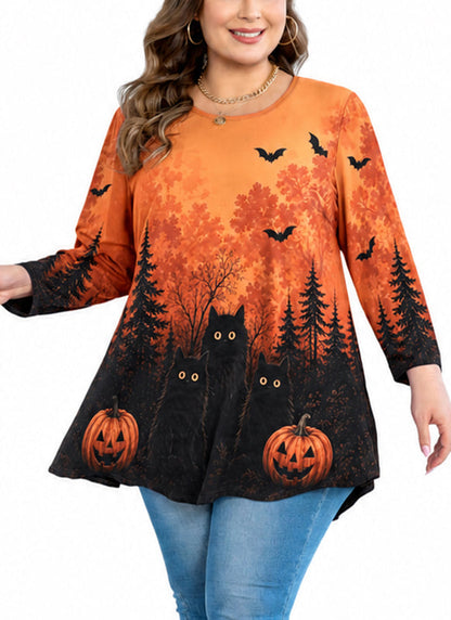 Women's Orange & Black Plus Size Swing Tunic Top – 3/4 Sleeve Flowy Blouse