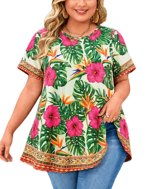 Women's Plus Size Hot Pink Floral & Green Leaf Tunic Top – Short Sleeve Swing Blouse