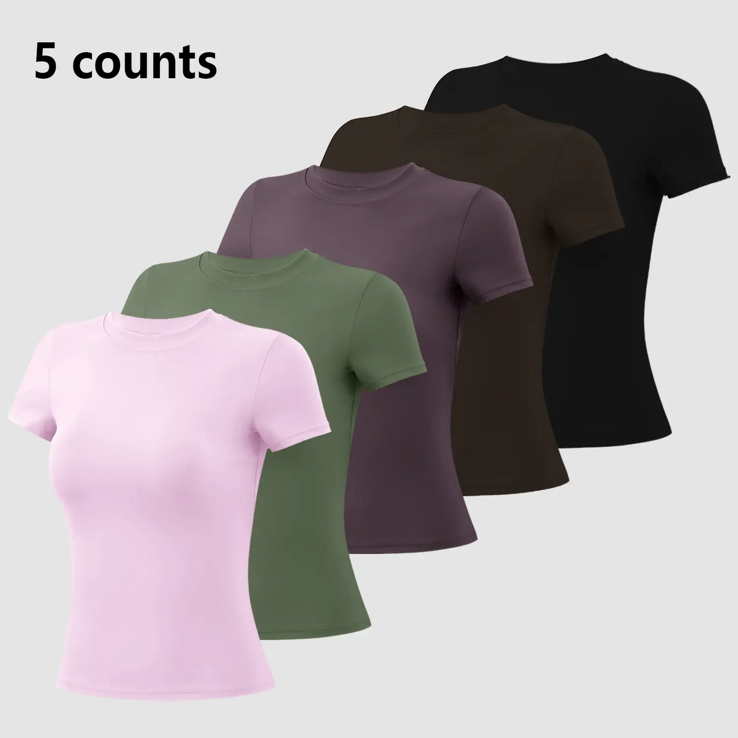 Women's 5-Pack Slim-Fit Sports Tee Set – Moisture-Wicking Nylon, Round Neck Workout Tops for Yoga & Gym