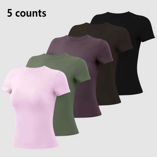 Women's 5-Pack Slim-Fit Sports Tee Set – Moisture-Wicking Nylon, Round Neck Workout Tops for Yoga & Gym
