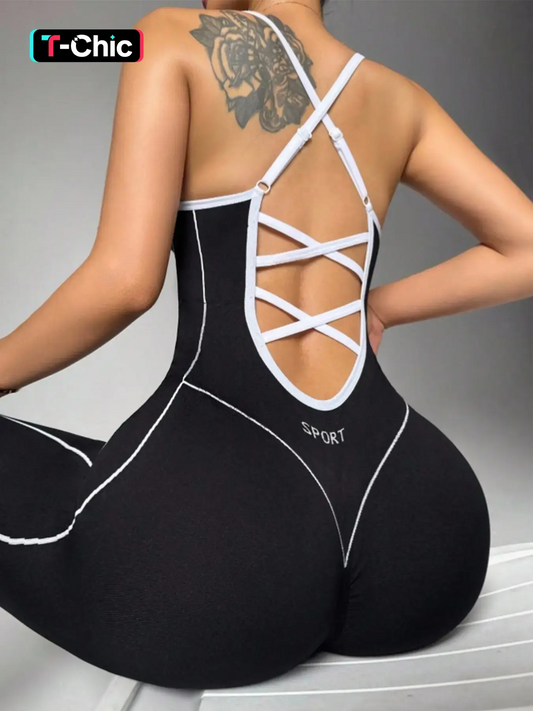 Women's Seamless Sports Jumpsuit | Halter Neck Cross-Back | High-Stretch Yoga Gym Cycling Romper