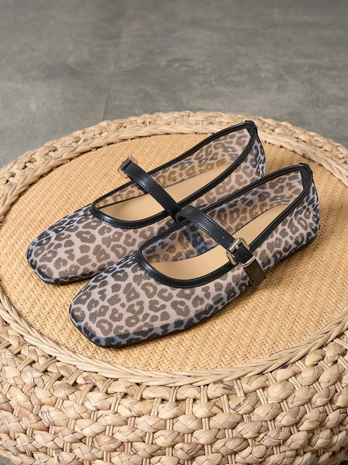 Women's Leopard Print Mesh Flats – Square Toe Slip-On, Breathable & Comfortable