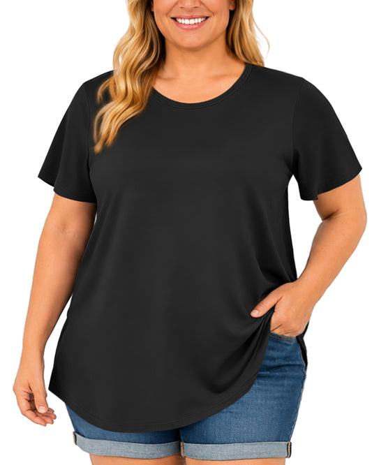 Women’s Plus Size Short Sleeve T-Shirt, Crew Neck Loose Fit Tunic Top, Casual Longline Basic Tee