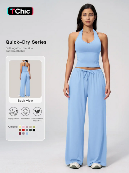 Women's Solid Halter Neck Top & Wide Leg Pants Sports Set, Casual Sleeveless Top & Pants for Daily Outdoor Wear, Ladies Sportswear for Tennis Running, Workout Clothes, Outdoor Sports Clothing