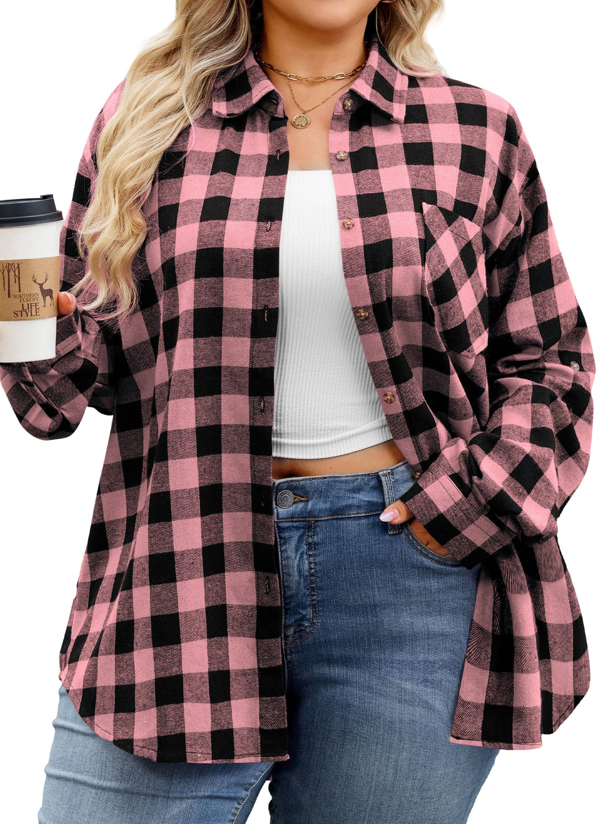 Women's Plus Size Pink Black Buffalo Plaid Flannel Shirt | Long Sleeve Button Down