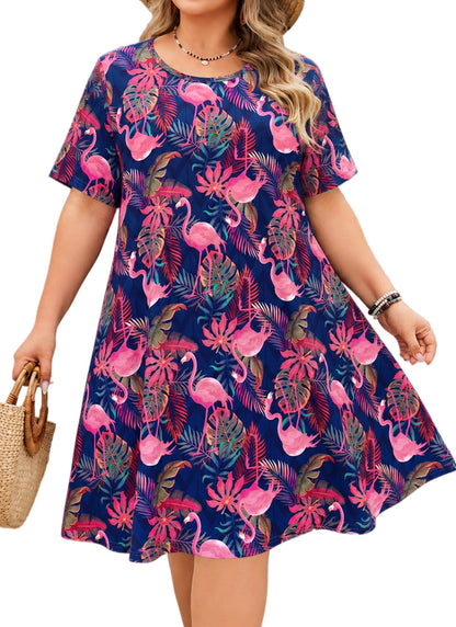 Women's Plus Size Navy Flamingo Tropical T-Shirt Dress | Short Sleeve