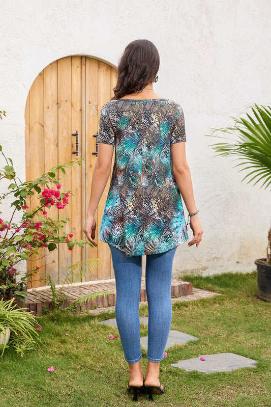Aqua Tropical Snake Print Tunic Top – Women's Plus Size Short Sleeve Swing Blouse to Wear with Leggings (S–7XL)