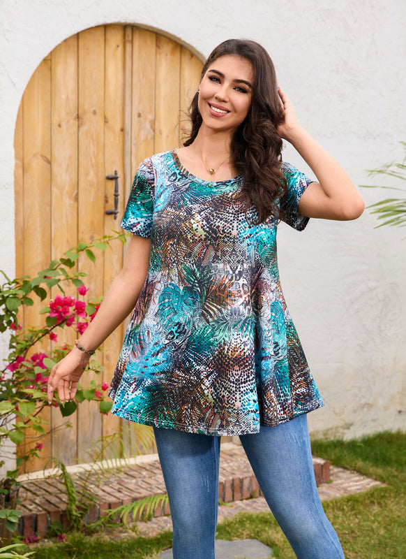 Aqua Tropical Snake Print Tunic Top – Women's Plus Size Short Sleeve Swing Blouse to Wear with Leggings (S–7XL)