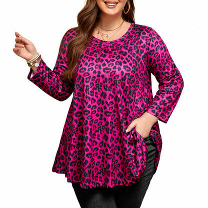 Women's Plus Size Hot Pink Leopard Print Tunic Top | 3/4 Sleeve Swing Blouse with Pockets, Flowy Fit, Wear with Leggings – S to 7XL