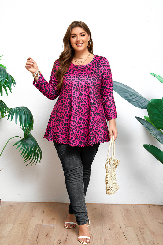 Women's Plus Size Hot Pink Leopard Print Tunic Top | 3/4 Sleeve Swing Blouse with Pockets, Flowy Fit, Wear with Leggings – S to 7XL