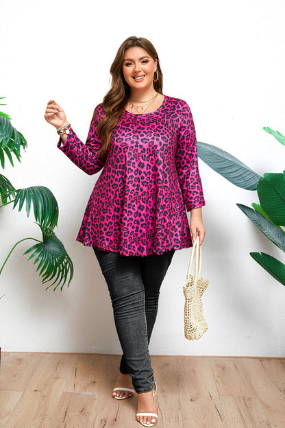 Women's Plus Size Hot Pink Leopard Print Tunic Top | 3/4 Sleeve Swing Blouse with Pockets, Flowy Fit, Wear with Leggings – S to 7XL
