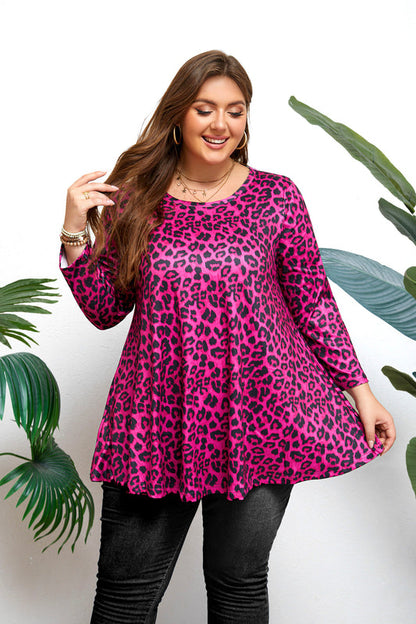 Women's Plus Size Hot Pink Leopard Print Tunic Top | 3/4 Sleeve Swing Blouse with Pockets, Flowy Fit, Wear with Leggings – S to 7XL