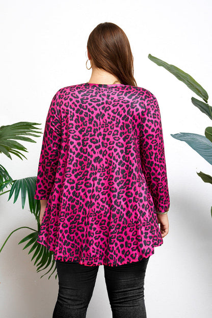 Women's Plus Size Hot Pink Leopard Print Tunic Top | 3/4 Sleeve Swing Blouse with Pockets, Flowy Fit, Wear with Leggings – S to 7XL