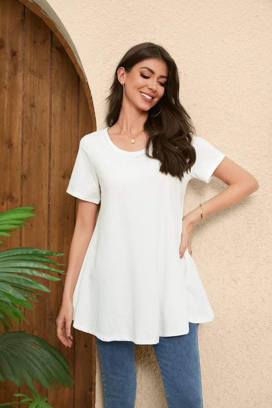 White Short Sleeve Swing Tunic Top – Women's Plus Size Crew Neck Flowy Blouse to Wear with Leggings (S–7XL)