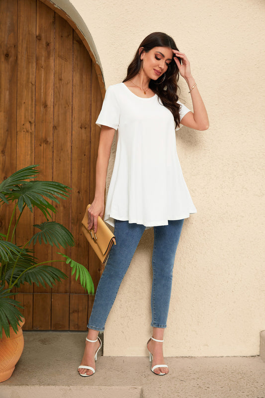 White Short Sleeve Swing Tunic Top – Women's Plus Size Crew Neck Flowy Blouse to Wear with Leggings (S–7XL)