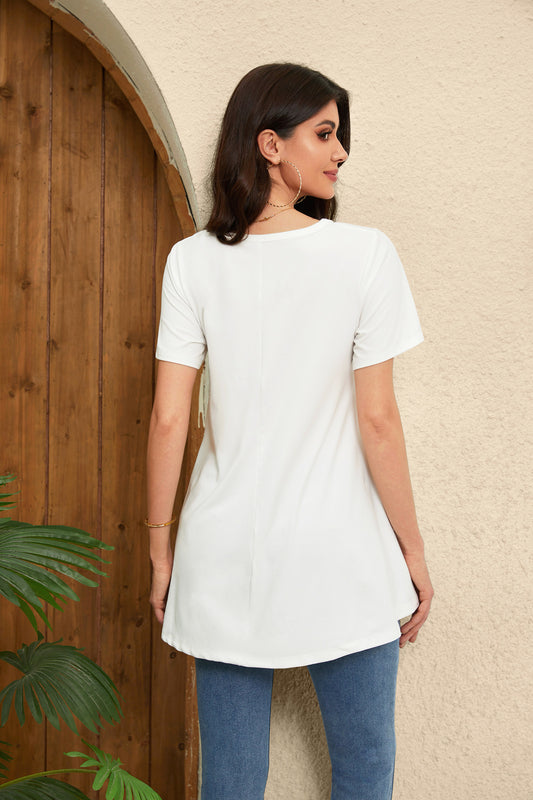 White Short Sleeve Swing Tunic Top – Women's Plus Size Crew Neck Flowy Blouse to Wear with Leggings (S–7XL)