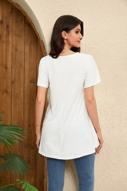 White Short Sleeve Swing Tunic Top – Women's Plus Size Crew Neck Flowy Blouse to Wear with Leggings (S–7XL)