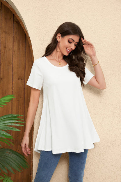 White Short Sleeve Swing Tunic Top – Women's Plus Size Crew Neck Flowy Blouse to Wear with Leggings (S–7XL)