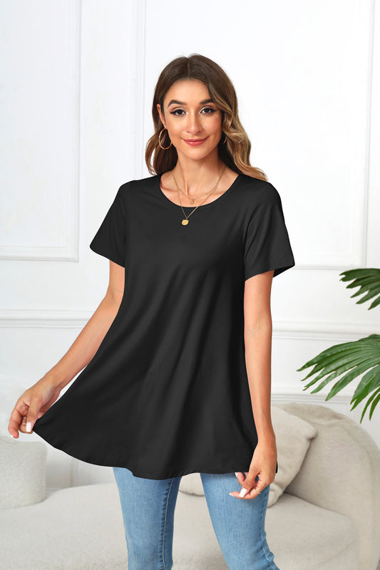 Black Short Sleeve Swing Tunic Top – Women's Plus Size Crew Neck Flowy Blouse to Wear with Leggings (S–7XL)