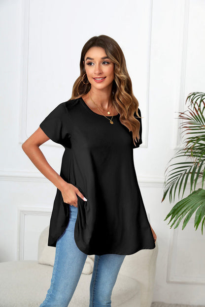 Black Short Sleeve Swing Tunic Top – Women's Plus Size Crew Neck Flowy Blouse to Wear with Leggings (S–7XL)