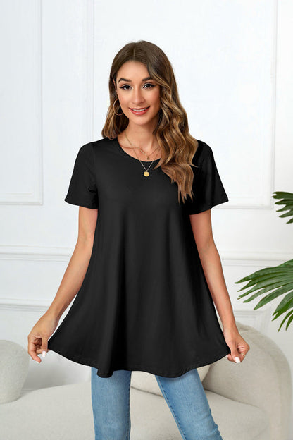 Black Short Sleeve Swing Tunic Top – Women's Plus Size Crew Neck Flowy Blouse to Wear with Leggings (S–7XL)