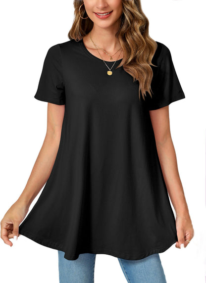 Black Short Sleeve Swing Tunic Top – Women's Plus Size Crew Neck Flowy Blouse to Wear with Leggings (S–7XL)