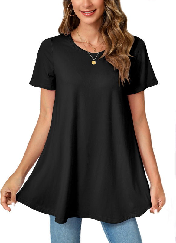 Black Short Sleeve Swing Tunic Top – Women's Plus Size Crew Neck Flowy Blouse to Wear with Leggings (S–7XL)