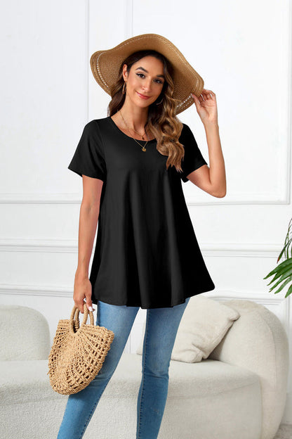 Black Short Sleeve Swing Tunic Top – Women's Plus Size Crew Neck Flowy Blouse to Wear with Leggings (S–7XL)