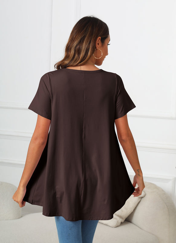 Dark Brown Short Sleeve Swing Tunic Top – Women's Plus Size Crew Neck Flowy Blouse to Wear with Leggings (S–7XL)