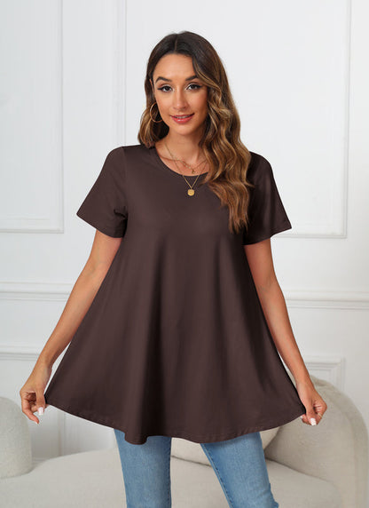 Dark Brown Short Sleeve Swing Tunic Top – Women's Plus Size Crew Neck Flowy Blouse to Wear with Leggings (S–7XL)