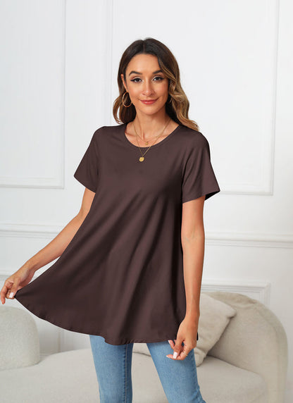 Dark Brown Short Sleeve Swing Tunic Top – Women's Plus Size Crew Neck Flowy Blouse to Wear with Leggings (S–7XL)
