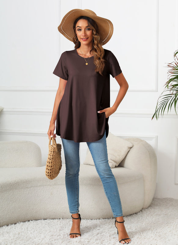 Dark Brown Short Sleeve Swing Tunic Top – Women's Plus Size Crew Neck Flowy Blouse to Wear with Leggings (S–7XL)