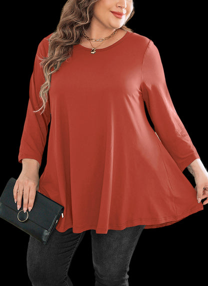 Women's Plus Size Tunic Top | 3/4 Sleeve Swing Blouse, Flowy Loose Fit, Wear with Leggings – Burnt Orange, L to 6XL