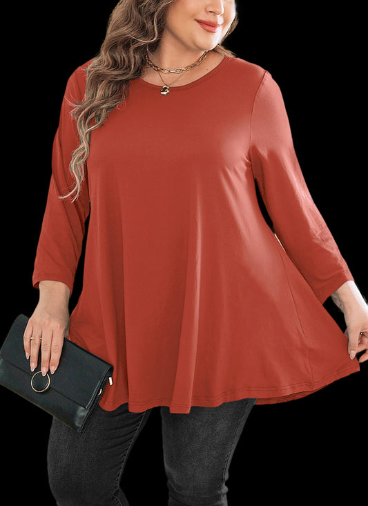 Women's Plus Size Tunic Top | 3/4 Sleeve Swing Blouse, Flowy Loose Fit, Wear with Leggings – Burnt Orange, L to 6XL