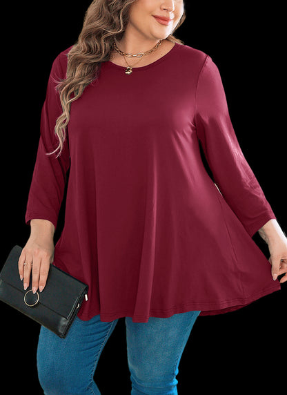 Women's Plus Size Burgundy Tunic Top | Long Sleeve Swing Blouse, Hi-Low Hem, Flowy Fit, Wear with Leggings – L to 6XL