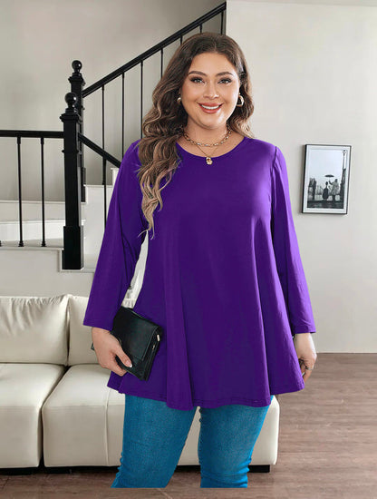 Women's Plus Size Solid Tunic Top | 3/4 Sleeve Swing Blouse, Flowy Loose Fit, Wear with Leggings – L to 6XL