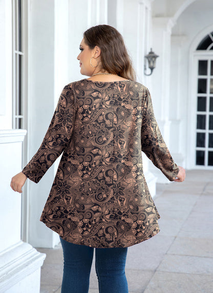 Women's Plus Size Brown Paisley Print Tunic Top – 3/4 Sleeve Boho Swing Flare Blouse