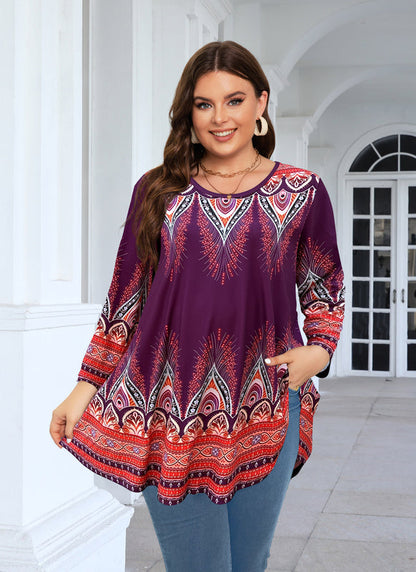 Women's Plus Size Orange & Purple Floral Tunic Top – 3/4 Sleeve Swing Flare Blouse