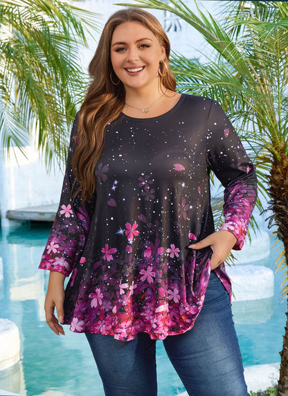 Women's Plus Size Pink Floral Tunic Top – 3/4 Sleeve Swing Flare Blouse