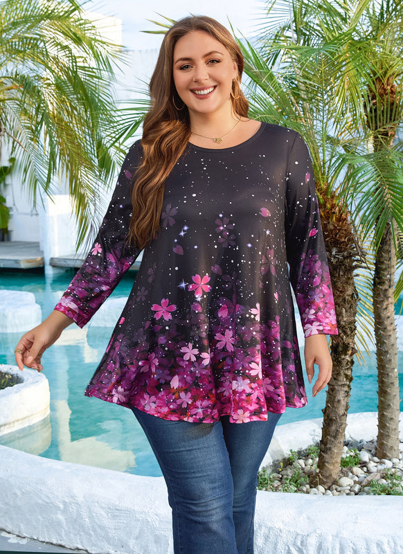 Women's Plus Size Pink Floral Tunic Top – 3/4 Sleeve Swing Flare Blouse
